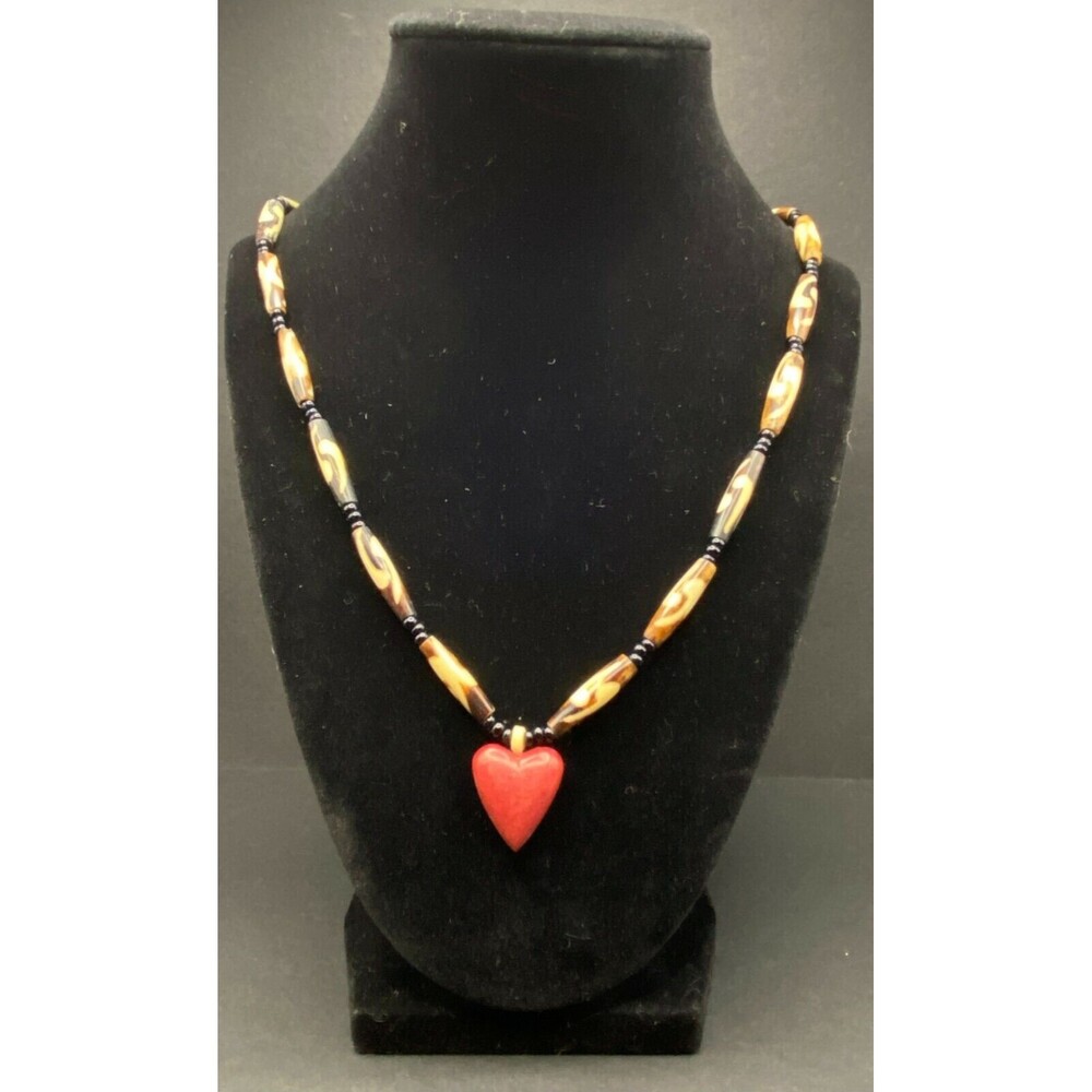 Bead Multicolor Necklace with Carved Red Heart - Picture 2 of 3